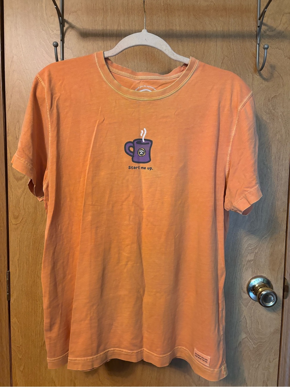 Life Is Good Orange Tee with Purple Coffee Cup Graphic